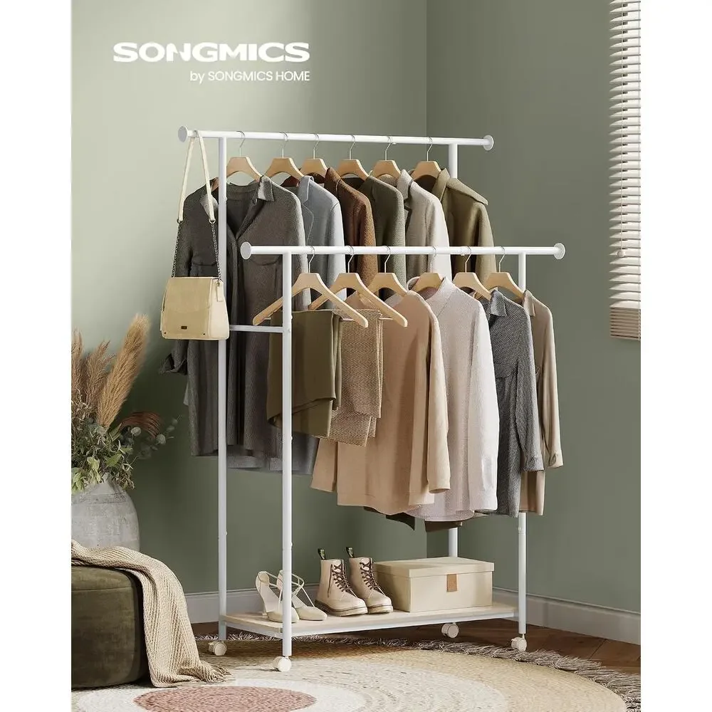 Clothes Rack with Wheels, Double-Rod 38.8 Inch Garment Rack, Shelf, up to 220 lb